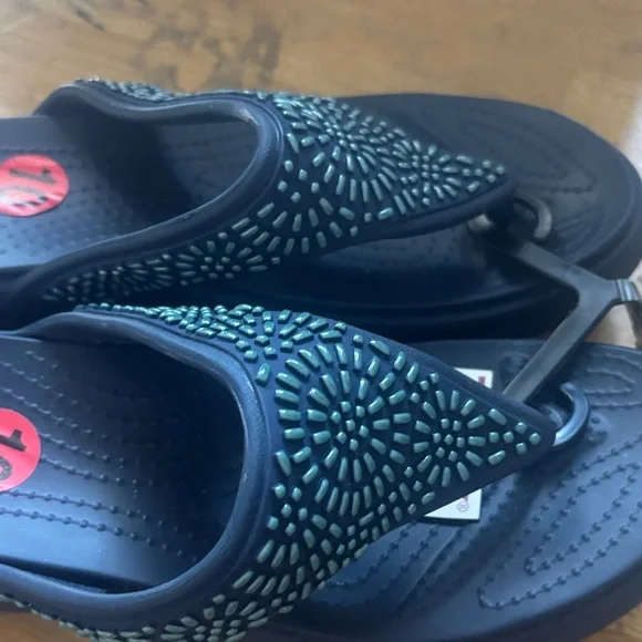 CROCS Navy Jeweled Wedge Flip Flops - Picture 3 of 3